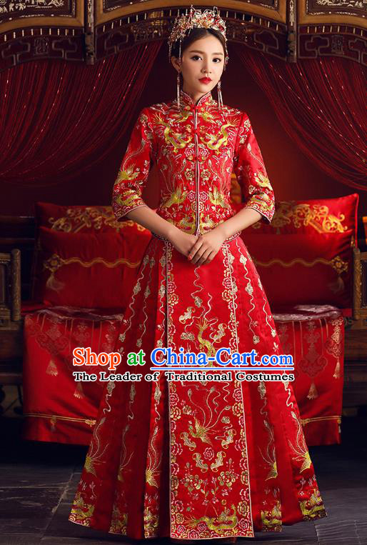 Chinese Ancient Bride Formal Dresses Cheongsam Embroidered XiuHe Suit Traditional Wedding Costumes for Women