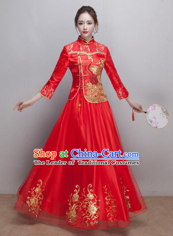 Chinese Ancient Wedding Costumes Bride Red Lace Formal Dresses Embroidered XiuHe Suit for Women