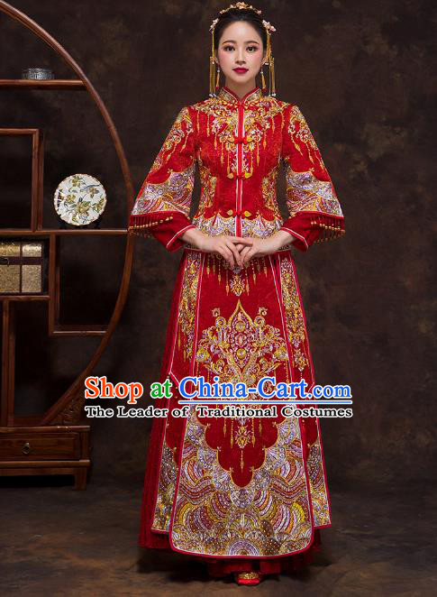 Chinese Ancient Wedding Costumes Bride Formal Dresses Embroidered Red Bottom Drawer XiuHe Suit for Women