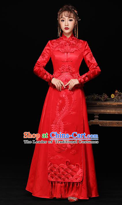 Chinese Ancient Wedding Costumes Bride Red Formal Dresses Embroidered Slim Longfenggua XiuHe Suit for Women