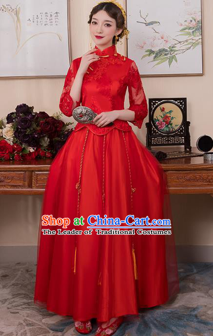 Chinese Ancient Bride Formal Dresses Wedding Costume Embroidered Red Lace Longfenggua XiuHe Suit for Women