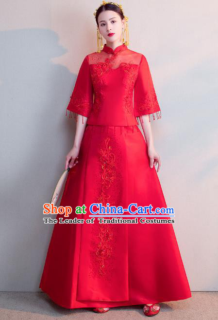 Chinese Ancient Wedding Costumes Bride Formal Dresses Embroidered Red Bottom Drawer XiuHe Suit for Women