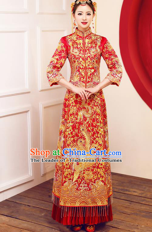 Top Grade Chinese Traditional Wedding Dress Ancient Bride Embroidered Diamante Phoenix XiuHe Suit for Women