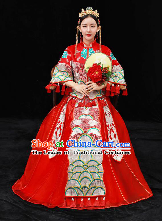 Chinese Ancient Bride Formal Dresses Xiuhe Suit Embroidered Red Cheongsam Wedding Costume for Women