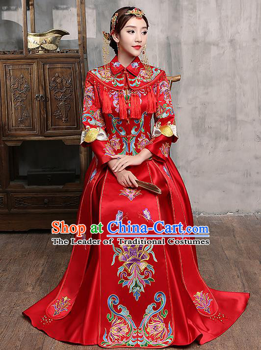 Chinese Traditional Embroidered Wedding Dress Red XiuHe Suit Ancient Bride Toast Cheongsam for Women