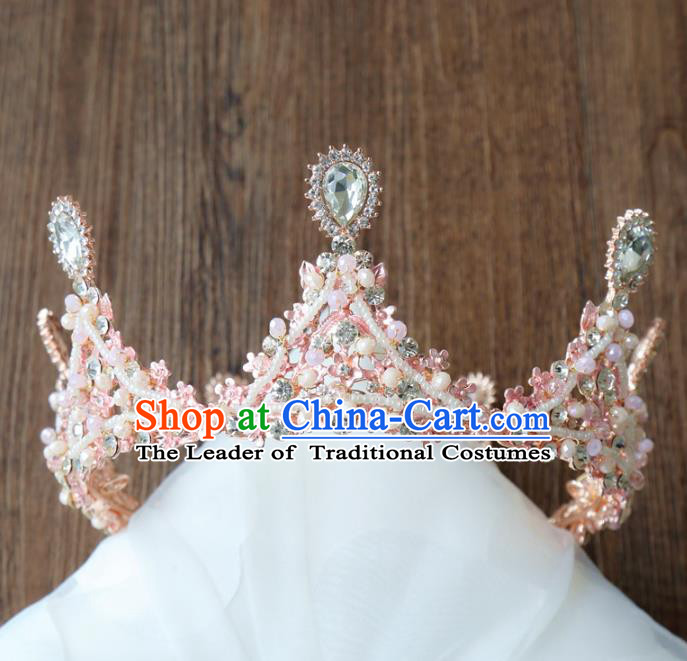 Top Grade Wedding Hair Accessories Bride Pink Beads Crystal Royal Crown for Women