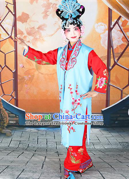 Professional Chinese Beijing Opera Maidservants Embroidered Plum Blossom Blue Costumes for Adults