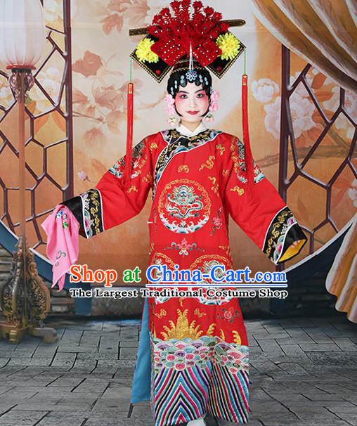 Professional Chinese Beijing Opera Qing Dynasty Empress Embroidered Red Costumes and Headwear for Adults