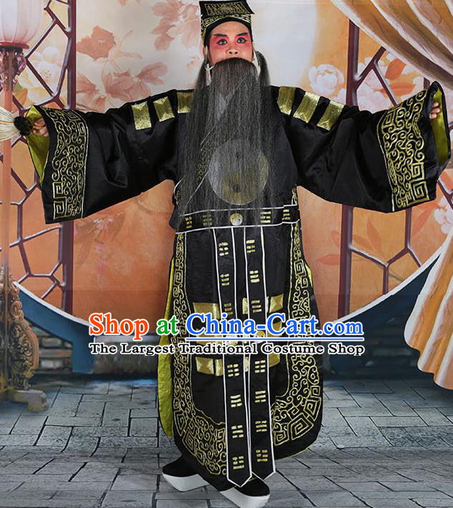 Professional Chinese Peking Opera Military Counsellor Costume Black Priest Robe and Hat for Adults