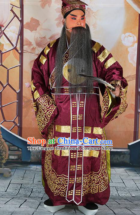 Professional Chinese Peking Opera Military Counsellor Costume Purple Priest Robe and Hat for Adults