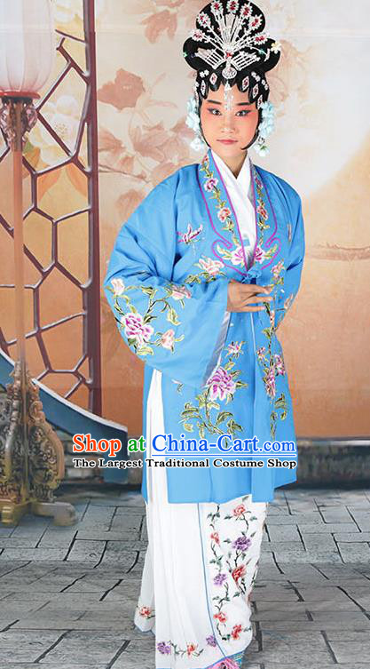 Professional Chinese Beijing Opera Actress Embroidered Peony Blue Costumes for Adults