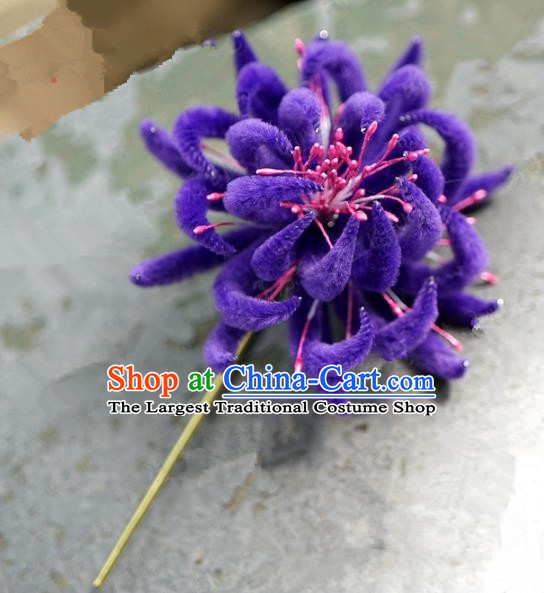 Top Grade Chinese Handmade Hair Accessories Qing Dynasty Purple Velvet Chrysanthemum Flowers Hairpins for Women