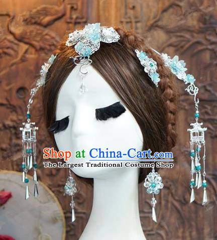 Chinese Handmade Ancient Wedding Hair Accessories Blue Hairpins Phoenix Coronet Complete Set for Women