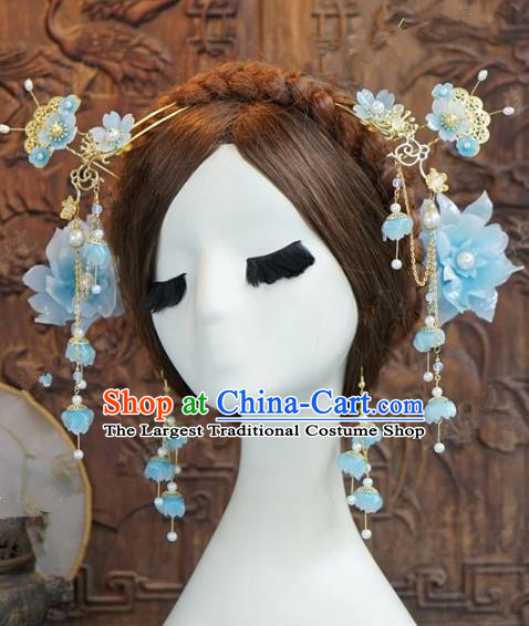 Chinese Handmade Wedding Hair Accessories Ancient Bride Blue Peony Hairpins Complete Set for Women