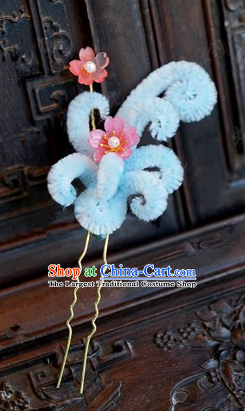 Chinese Handmade Hair Accessories Qing Dynasty Princess Blue Velvet Flowers Hairpins for Women