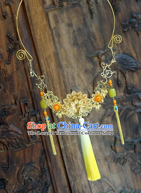 Chinese Handmade Jewelry Accessories Ancient Palace Lady Hanfu Tassel Golden Peony Necklace for Women