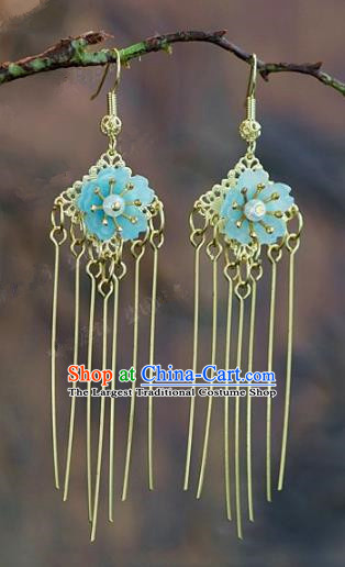 Chinese Handmade Jewelry Accessories Ancient Bride Hanfu Blue Flower Tassel Earrings for Women