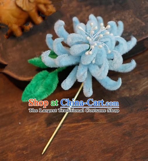 Chinese Handmade Ancient Hair Accessories Qing Dynasty Princess Blue Velvet Chrysanthemum Hairpins for Women