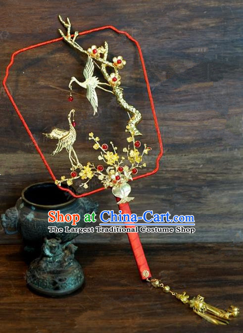 Top Grade Chinese Handmade Palace Fans Ancient Plum Blossom Cranes Round Fans for Women