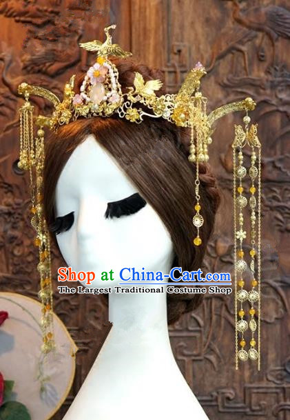 Chinese Handmade Wedding Phoenix Coronet Hair Accessories Ancient Crane Hairpins Complete Set for Women