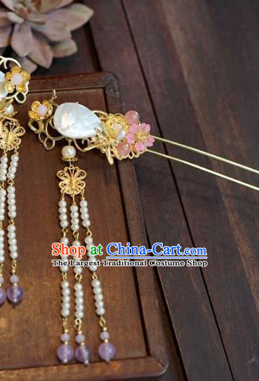 Chinese Handmade Ancient Hair Accessories Ancient Hanfu Shell Tassel Hairpins for Women