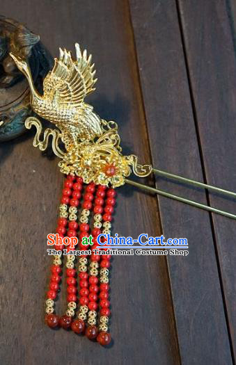 Chinese Handmade Ancient Hair Accessories Ancient Hanfu Red Beads Tassel Crane Hairpins for Women