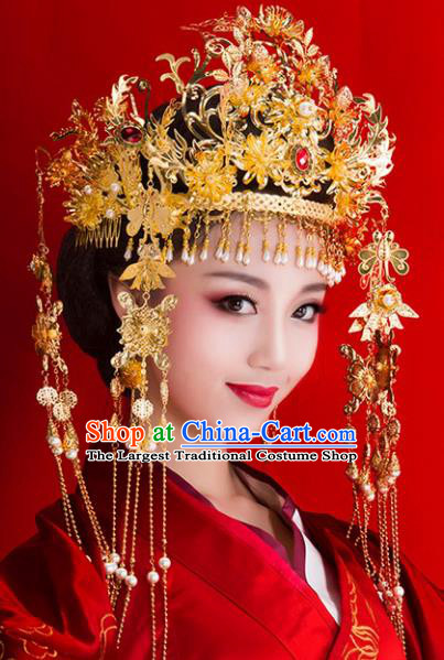 Chinese Ancient Handmade Hairpins Bride Golden Tassel Phoenix Coronet Hair Accessories Complete Set for Women