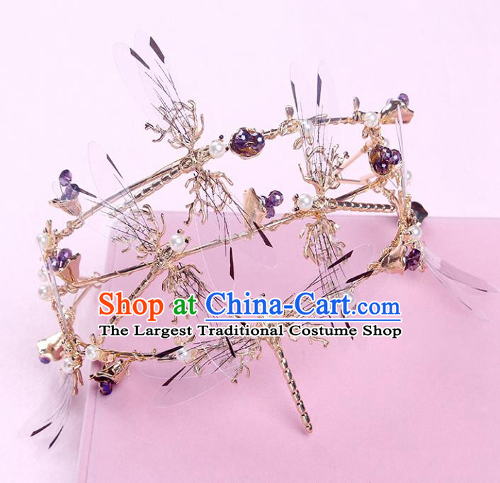 Handmade Baroque Bride Baroque Golden Dragonfly Royal Crown Wedding Queen Hair Jewelry Accessories for Women