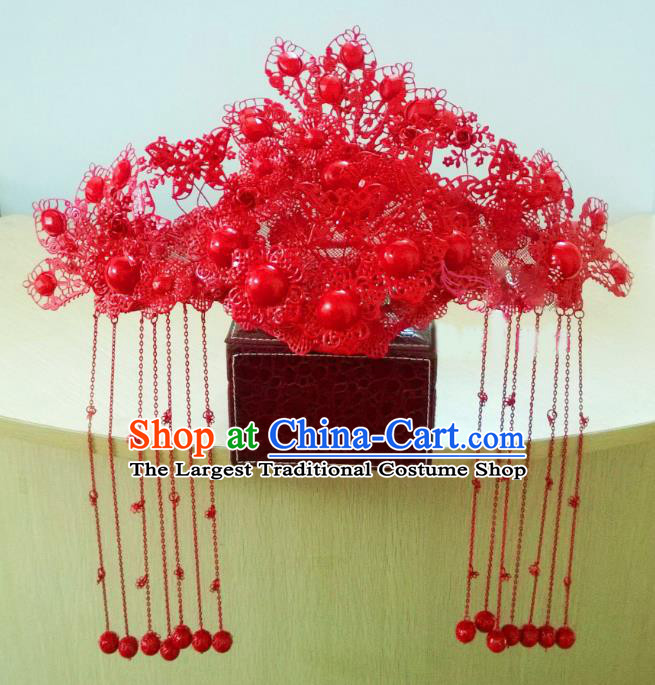 Chinese Ancient Handmade Empress Red Phoenix Coronet Bride Hair Accessories Headwear for Women