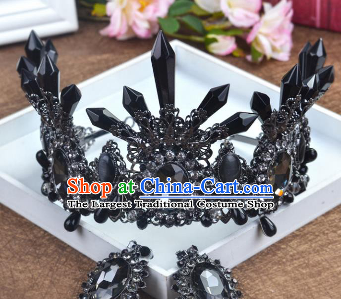 Handmade Baroque Queen Black Crystal Royal Crown Wedding Bride Hair Jewelry Accessories for Women