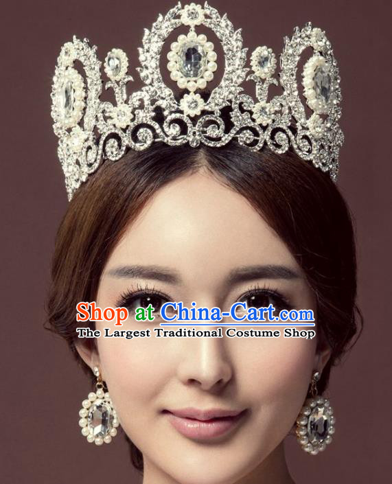 Handmade Baroque Queen Green Crystal Pearls Round Royal Crown Wedding Bride Hair Jewelry Accessories for Women