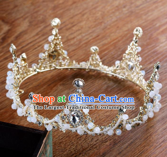 Handmade Baroque Queen Crystal Beads Round Royal Crown Wedding Bride Hair Jewelry Accessories for Women