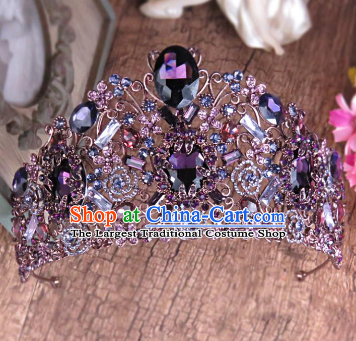 Top Grade Handmade Baroque Bride Purple Crystal Royal Crown Wedding Hair Jewelry Accessories for Women