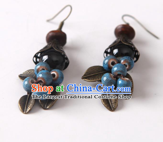 Top Grade Chinese Handmade Blue Ceramics Beads Earrings for Women