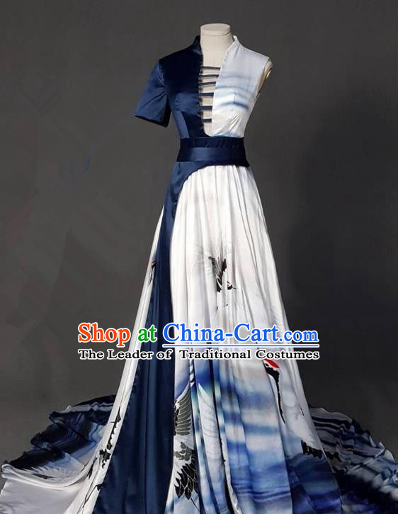 Top Grade Chinese Catwalks Customized Costume Model Show Printing Crane Full Dress for Women