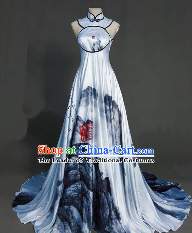 Top Grade Chinese Catwalks Customized Costume Model Show Printing Crane Cheongsam Full Dress for Women