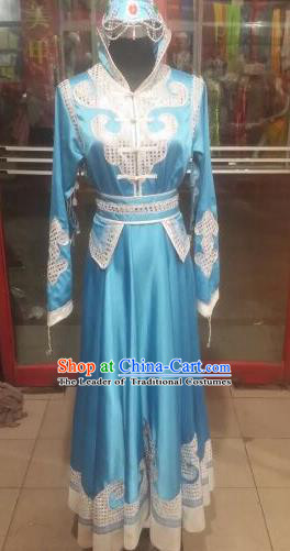 Chinese Traditional Mongolian Folk Dance Costume China Mongol Nationality Blue Dress for Women