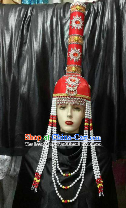 Chinese Traditional Mongolian Red Hats Mongol Nationality Hair Accessories Folk Dance Headwear for Women