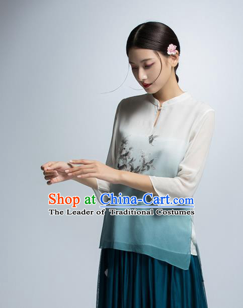 Chinese Traditional Costume Printing Cheongsam Blouse China National Upper Outer Garment Shirt for Women