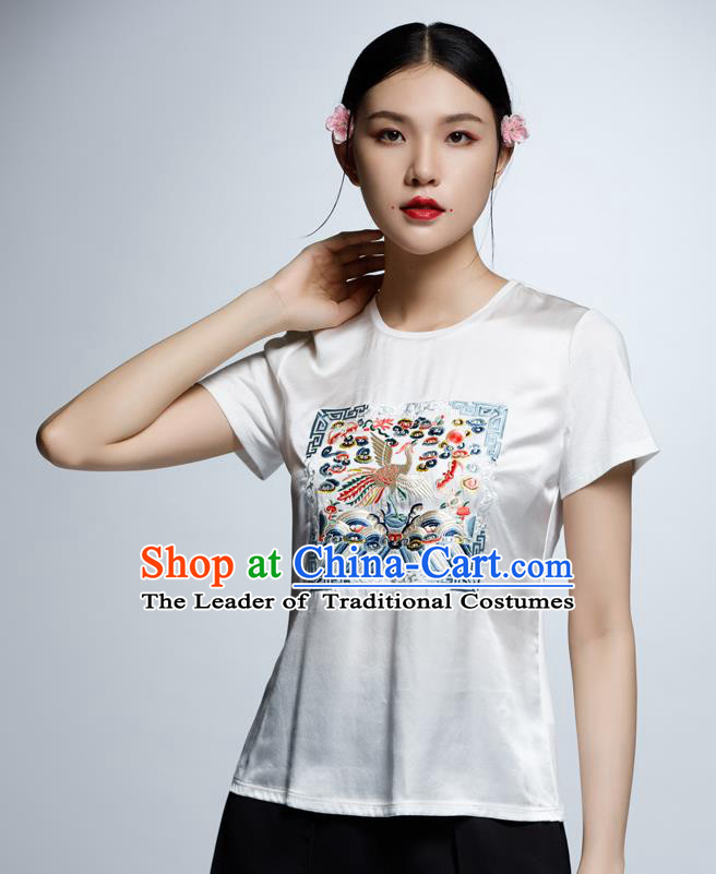 Chinese Traditional Costume Embroidered White Cheongsam Blouse China National Upper Outer Garment Shirt for Women