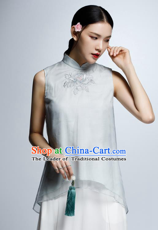 Chinese Traditional Costume Embroidered Grey Cheongsam Blouse China National Upper Outer Garment Shirt for Women