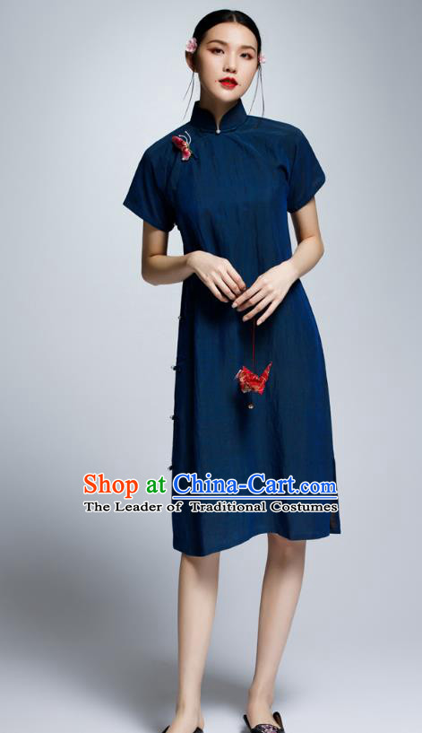 Chinese Traditional Navy Cheongsam China National Costume Tang Suit Qipao Dress for Women