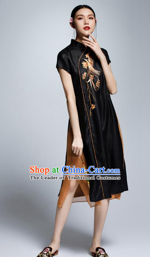 Chinese Traditional Embroidered Crane Black Cheongsam China National Costume Tang Suit Qipao Dress for Women