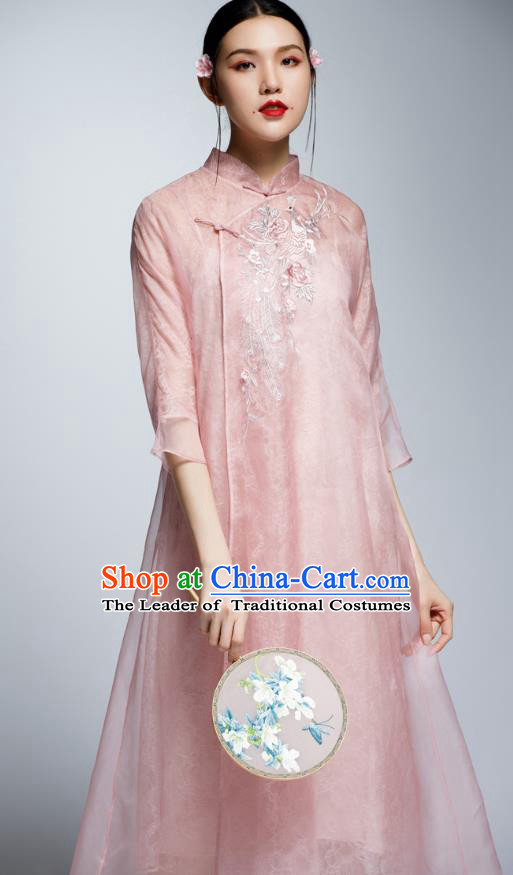 Chinese Traditional Embroidered Pink Cheongsam China National Costume Tang Suit Qipao Dress for Women