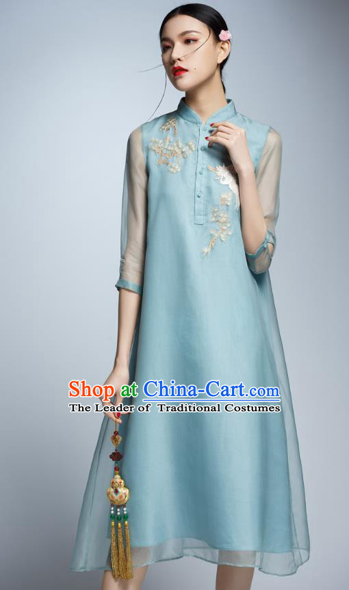 Chinese Traditional Embroidered Blue Cheongsam China National Costume Tang Suit Qipao Dress for Women