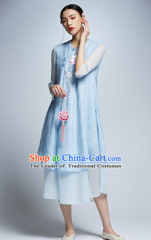 Chinese Traditional Embroidered Peony Blue Cheongsam China National Costume Tang Suit Qipao Dress for Women