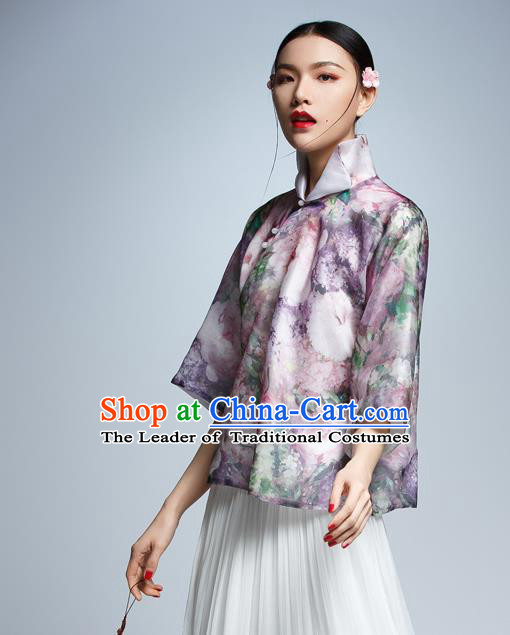 Chinese Traditional Costume Printing Cheongsam Blouse China National Upper Outer Garment Shirt for Women