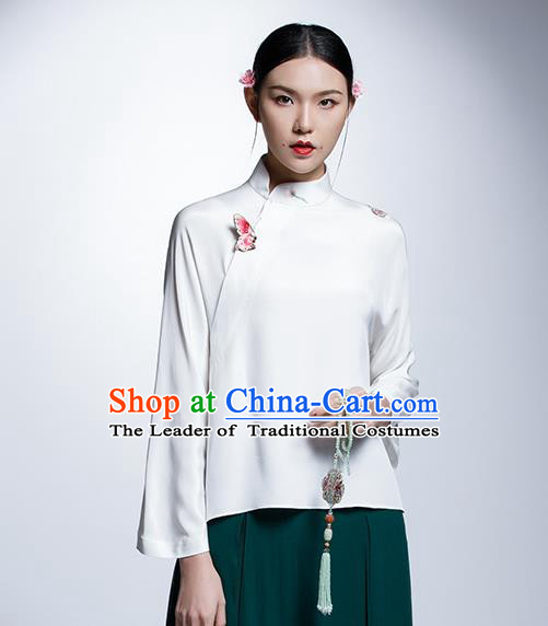 Chinese Traditional Costume White Cheongsam Blouse China National Upper Outer Garment Shirt for Women