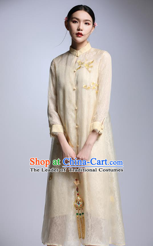 Chinese Traditional Tang Suit Embroidered Crane Yellow Cheongsam China National Qipao Dress for Women