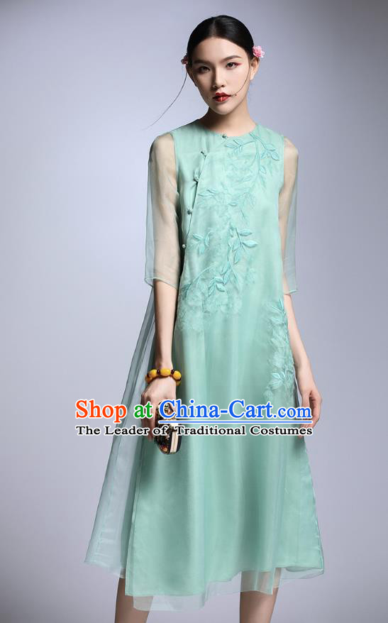 Chinese Traditional Tang Suit Embroidered Green Cheongsam China National Qipao Dress for Women